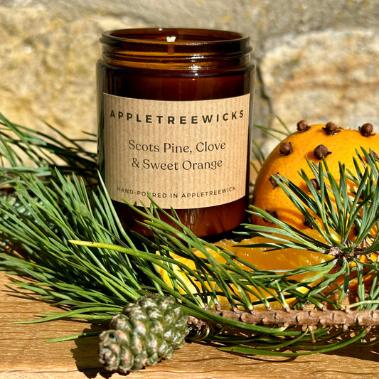 Brown glass jar with scots pint, clove & sweet orange candle, surrounded by scots pint, with a fresh orange studded with cloves